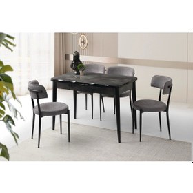 Resim Kelebek Irony Ahşap Salon Yemek Masa Sandalye Takımı 4 Sandalyeli Ortadan Açılır Büyüyen Mermer Desen 