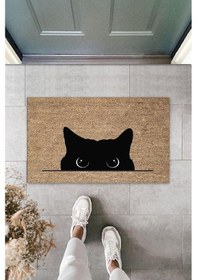 Resim Dijital Kara Kedi Bej Kapı Paspası Dış Mekan Paspas K-3185 