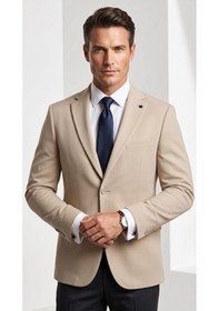 Resim Plus Scorpion Erkek Slim Fit Çift Düğme Çift Yırtmaçlı Blazer Ceket Premium Dokulu Kumaş Bej 
