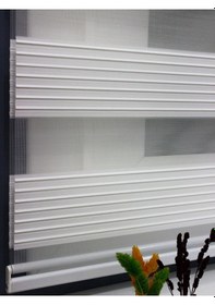 Resim Ekru Beyaz Geniş Plise Eteği Düz Stor Zebra Güneşlik Perde Alüminyum Kasa, Metal Ayak Mat Beyaz 