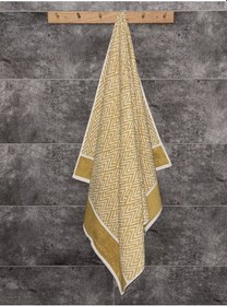 Resim İpliği Boyalı Zikzak Çizgili Desenli Banyo Havlusu-%100 Pamuk Hardal 
