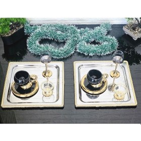 Resim 2 Adet Kahve & Çay & Sunum Tepsisi Deluxe Boy 27 Cm Kare Çerçeveli Servis Sunum Tepsisi Gümüş 
