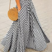 Resim Kadınlar için Şık Gingham A-Line Etek - Yüksek Bel, Esnek Tasarım, Siyah & Beyaz Ekose Desen, Polyester, Makinede Yıkanabilir, Günlük veya Şık Kıyafetler için Mükemmel, Mini Etek 