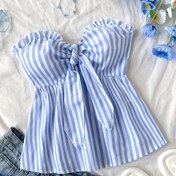Resim Kadınlar İçin Y2K Tarzı Yelekli, Şeritli Bluz - Omuzdan Aşağı, Hafif Polyester, Yeşil ve Beyaz Dikey Şeritler, Yaz Tatilleri ve Gündelik Çıkışlar İçin Mükemmel, Şık Tatil Giysisi | Y2K Modası | Parlak Dokulu 