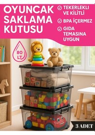Resim 80 Lt Büyük Boy Saklama Kutusu Kapaklı Plastik Organizer Kamp Ekipmanları Depolama Kabı 3 Adet ŞEFFAF 
