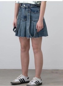 Resim Kız Çocuk Askılı Pileli Tasarım Denim Etek-15535 Mavi 