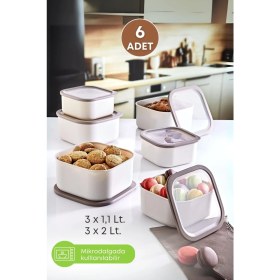 Resim 6'lı Set, Sızdırmaz, Mikrodalga Uygun, Bej Erzak Saklama Kapları, Farklı Boyutlar 