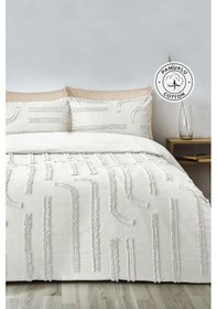 Resim Pamuklu Sasha Kabartmalı Yatak Örtüsü Takımı Günlük Çift Kişilik Boho 3 Parça Elyaf Dolgulu Krem 