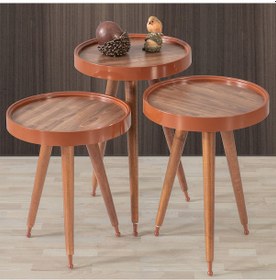 Resim 3'Lü Ahşap Yuvarlak Zigon Sehpa Ceviz Polen Lüx Ayaklı C6 