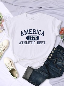 Resim Hampson Lanqe Amerika 1776 Atletik Kadın T-shirt Spor Rahat Hip Hop Tee Yumuşak Nefes Gömlekgöl Mavi Göl Mavi 