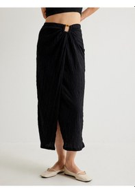 Resim Koton Koton X Melis Ağazat - Midi Boy Kruvaze Etek Dokulu Aksesuar Detaylı Siyah 4sak10708ek Siyah 