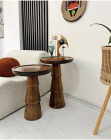 Resim ASELYA HOME Ahşap 2’li Set Mantar Yan Sehpa Modern Ceviz Renk Fiskos Zigon Çiçeklik 