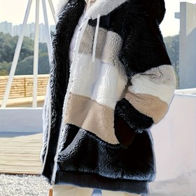 Resim Kadınlar için Sıcak Peluş Patchwork Fermuarlı Cep Kapüşonlu Bol Ceket 
