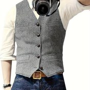 Resim SOLOVEDRESS Erkekler için Dar Kesim V Yaka Blazer Yelek - Düz Renk Kahverengi, Düğme Önü, Yaka Yaka, İlkbahar/Sonbahar İş Giyimi için Profesyonel ve Rahat Kıyafetler, İlkbahar Dış Giyim, Yapılandırılmış Tasarım, Dayanıklı Kumaş, Düzenli Kesim 