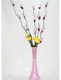 Resim 60 Cm Pudra Pembe Desenli Uzun Vazo 5 Mor Üzüm Dalı Sarı 4 Gül 