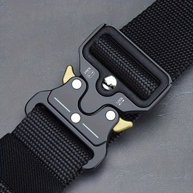 Resim Siyah Naylon Kemer, Dayanıklı Hızlı Çıkarma Metal Toka, Ayarlanabilir Boy 124.97 Cm Uzunluk, 3.81 Cm Genişlik, Yürüyüş ve Kamp Ekipmanı Aksesuarı 