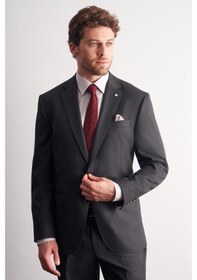 Resim İmza Antrasit Mono Yaka Kendinden Çizgili Desen Esnek 4 Drop Comfort Fit Classic Takım Elbise 1001255159 Antrasit 