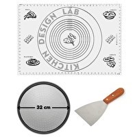 Resim Kitchen Design Lab Beyaz Hamur Açma Matı 45 X 65 CM - 28 CM Pizza Tepsisi Ve Ahşap Uzun Saplı Hamur ve Pizza Kesici 