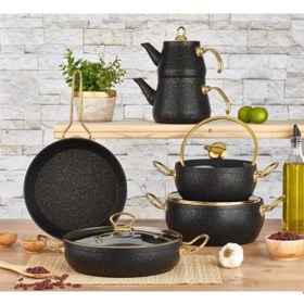 Resim Granit Via Çaydanlıklı 11 Parça Güveç Gold Tencere Seti -siyah Siyah 