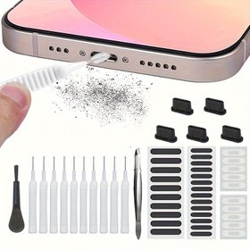 Resim Telefon Bağlantı Noktası Toz Tapaları, Bilgisayar Klavye Temizleme Fırçası, Hoparlör Koruma Çıkartmaları, Çok Fonksiyonlu Hoparlör Bağlantı Noktası Toz Çıkartmaları, Kulaklık Temizleme Kılları, Telefon Temizleme ve Bakım Seti 