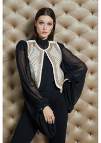 Resim Serpil Exclusive Kadın Kristal Taş İşlemeli Kısa Yelek Özel Tasarım Şık Tamamlayıcı Parça Bej 