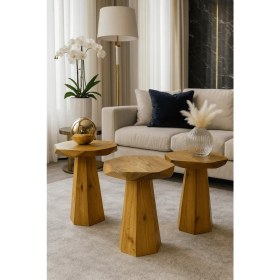 Resim Tütün Renk Modern Ahşap Mantar Sehpa 3lü Zigon Fiskos Takımı 