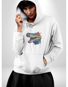 Resim Timsah Renkli Kafası Kadın Erkek Beyaz Kapüşonlu Sweatshirt Hoodie Beyaz 