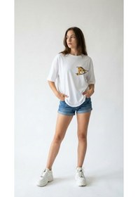 Resim Kadın Oversize Düz Renk Ayıcık Dijital Baskılı Bisiklet Yaka Basic Tişört Beyaz 