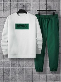 Resim Nasa Unkown Eşofman Takımı Sweatshirt Jogger - Beyaz Nefti Yeşil Baskılı Şardonlu Bisiklet Yaka - Beyaz Nefti Yeşil 
