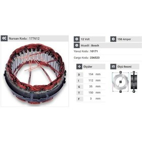 Resim 12v Alternatör Statör Bosch Tipi 150 A 6 Uçlu-tırnaklı N11.390 