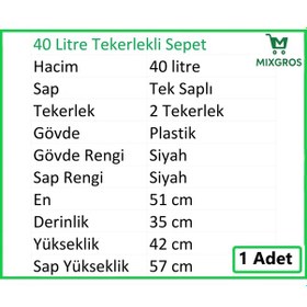 Resim Tekerlekli Plastik Market Alışveriş El Sepeti 40 Litre Siyah 1 Adet 