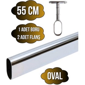 Resim Metal Oval Krom Mobilya Dolap Askı Borusu Krom 55cm Oval 2 Adet Ayaklı Açık Flanş-1 Adet Boru Gri 