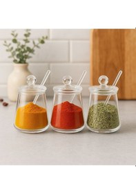 Resim Morponi 3'lü Borosilikat Cam Kapaklı Cam Kaşıklı Baharatlık Seti Beyaz 