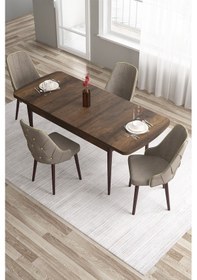 Resim Canisa Tia Serisi, Barok Ahşap Desen 80x132 Açılabilir Mdf Mutfak Masası 4 Cappucino Sandalye Gold Detay Masa Barok Ahşap Desen Sandalye Cappucino 