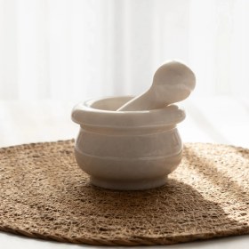 Resim Terra - Yüksek Kaliteli Mermer Havan - El Yapımı Özel Tasarım Traverten Mermer Havan - Taş Sarımsak Dövücü 