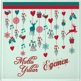 Resim Yılbaşı Temalı Isme Özel Hediyelik Cam Bardak Altlığı 