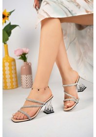 Resim Bulutmod Ten Kadın Üç Taşlı Abiye Günlük Terlik Şeffaf Topuklu Terlik Ten 