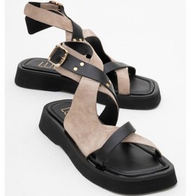 Resim Luvi Shoes Minnea Siyah Gri Süet Hakiki Deri Kadın Sandalet Siyah - Gri 