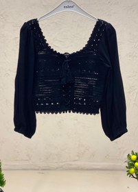 Resim sahnemoda Kol Tül Önü Bağcıklı Crop Örgü Bluz 