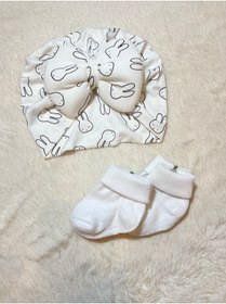 Resim MASALBABY Kız Bebek Beyaz Kıvrık Çorap Ve Saç Bonesi Seti 