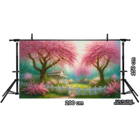 Resim Venspor Pembe Çiçeklerle Çevrili Bahar Bahçesi Arkaplan, 200x150cm, Fon, Duvar Örtüsü 