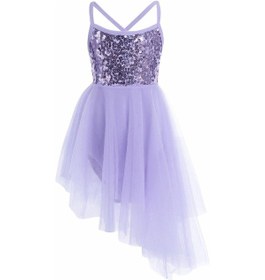 Resim Mor Çocuk Kız Jimnastik Leotard Bale Tutu Elbise Balerin Sahne Performansı Kostüm Kolsuz Payetler Tül Lirik Giyim Mor 