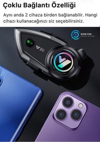 Resim Y80 Yeni Nesil Motosiklet Kask Interkom Mikrofonlu Gürültü Engelleyici Işıklı 5.3 Bluetooth Kulaklık 