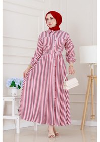 Resim Sevitli Çizgili Cepli Tesettür Elbise-bordo-5133 Bordo 