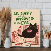 Resim 1 Adet Çerçevesiz Tuval Posteri "Tüm Misafirler Kedi Onaylamalı Olmalı" - Yeşil Yazılı ve Kırmızı Kanepe Tasarımlı Eğlenceli Siyah Kedi Sanatı, Ev, Ofis, Sınıf İçin Yüksek Kaliteli Tuval Duvar Dekoru - Kedi Severler İçin Mükemmel Hediye, Ofis Sanat Eseri | Canlı İllüstrasyon, Oda Dekorasyonu İçin Uygun 
