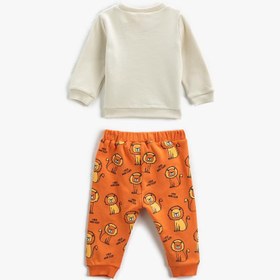 Resim Erkek Bebek Pamuklu Pijama Takımı Aslan Baskılı Sweatshirt ve Beli Lastikli Pijama Altı 2 Parça 