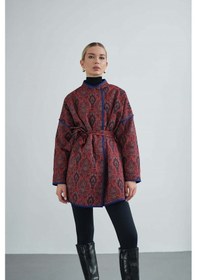 Resim Kadın Yandan Bağlamalı Tasarım Kimono Ceket Kırmızı 
