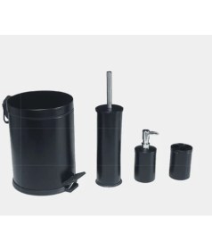 Resim Nobel Banyo Seti, Mat Siyah, Metal, 4'lü (5l Pedallı Çöp Kovası+Diş Fırçalık+Sabunluk+Wc Fırçalık) 