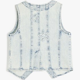 Resim Kız Çocuk Çiçek Desenli Cepli Pamuklu V Yaka Crop Denim Yelek 
