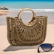 Resim El Yapımı Kağıt Samanlı Kadın Çantası - Çıkarılabilir Polyester Astarlı, Sabit Askılı ve İpli Kapatmalı Plaj Tatil Çantası, Haki 